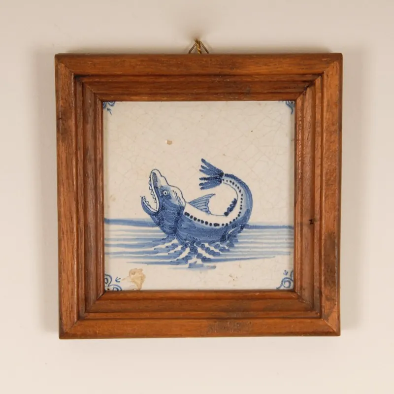 Pamono 17th Century Baroque Framed Sea Creatures Monsters Tiles in Blue and White from Royal Delft, Set of 4> Architectural Elements
