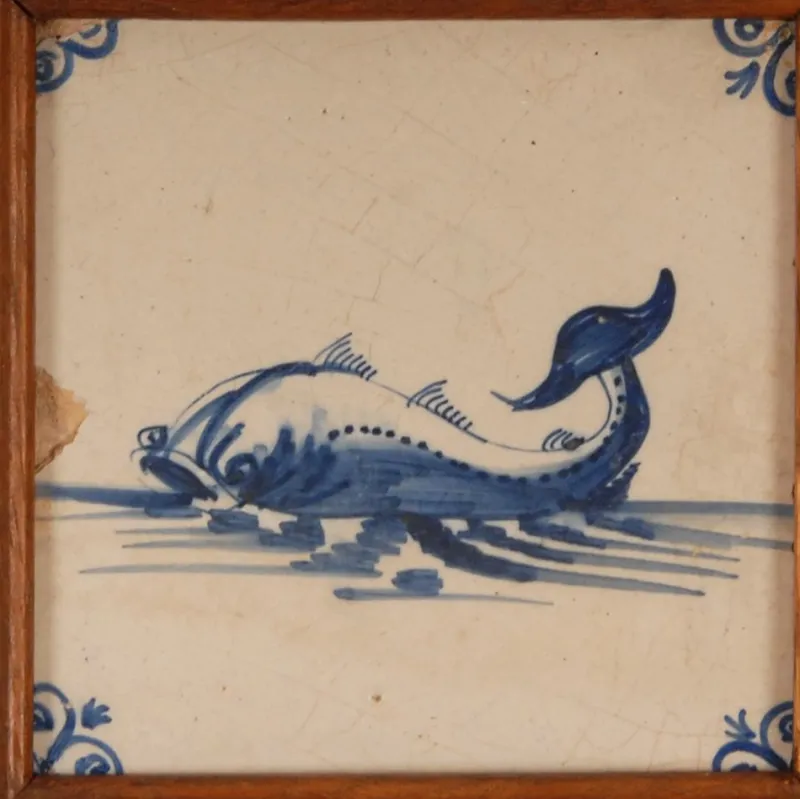 Pamono 17th Century Baroque Framed Sea Creatures Monsters Tiles in Blue and White from Royal Delft, Set of 4> Architectural Elements