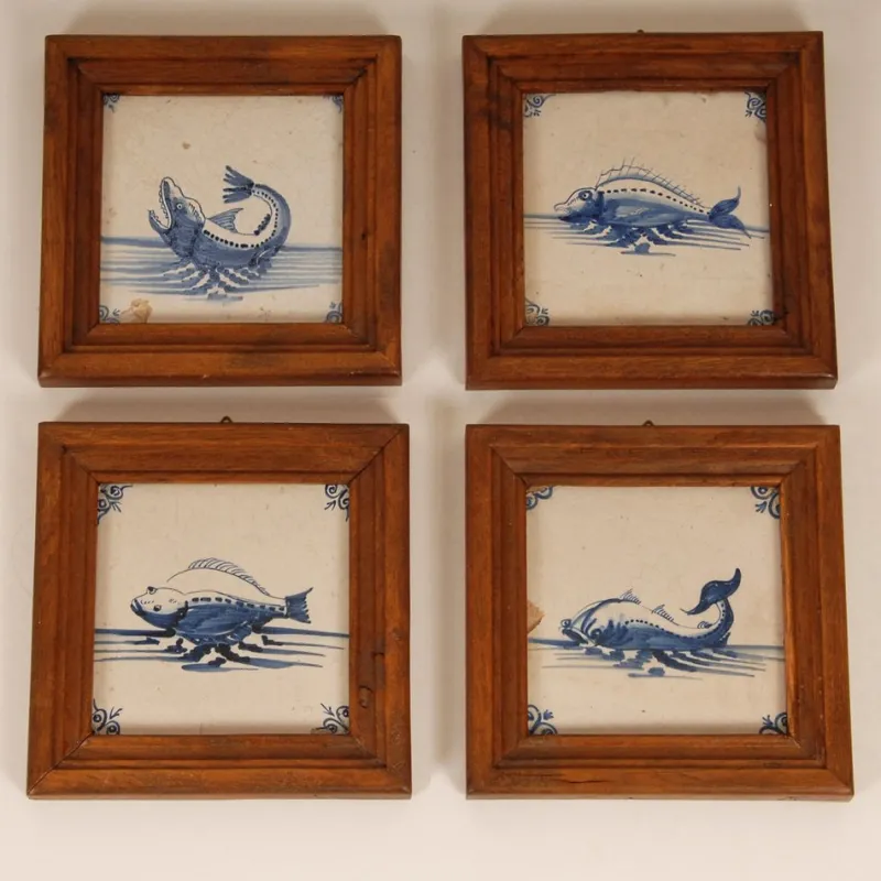 Pamono 17th Century Baroque Framed Sea Creatures Monsters Tiles in Blue and White from Royal Delft, Set of 4> Architectural Elements