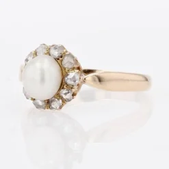 Pamono 19th Century Fine Pearl Diamonds 18 Karat Yellow Gold Daisy Ring><noscript><img width=