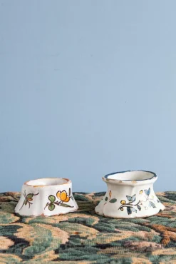 Pamono 18th Century Floral Salt Pigs from Rouen Faience, Set of 2> Salt & Pepper Shakers