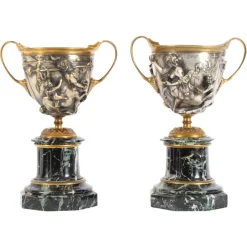 Pamono 19th Century French Grand Tour Silvered Bronze Pedestal Urns, Set of 2