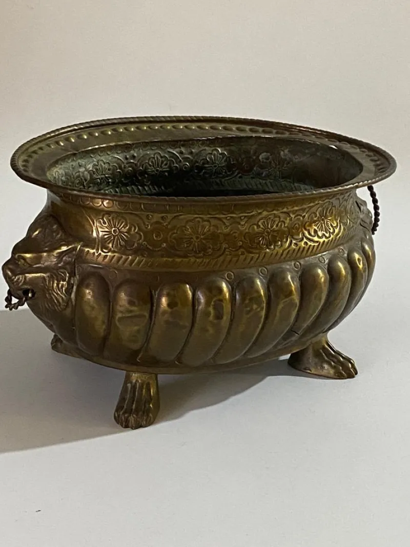 Pamono 19th Century French Polished Brass Jardiniere with Lions Ring Handles> Ice Buckets & Wine Coolers