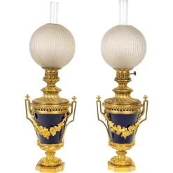 Sale Pamono 19th Century Gilt Bronze and Blue Sèvres Porcelain Oil Lamps, Set of 2