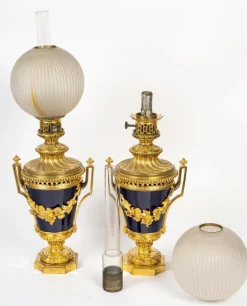 Sale Pamono 19th Century Gilt Bronze and Blue Sèvres Porcelain Oil Lamps, Set of 2