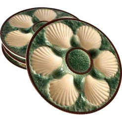 New Pamono 19th Century Green, White & Brown Glaze Majolica Oyster Plates, Set of 4
