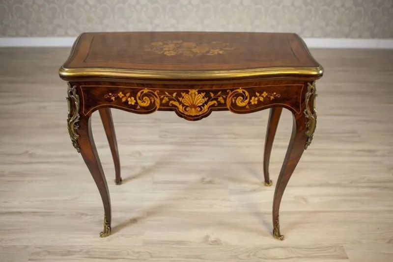 Clearance Pamono 19th Century Inlaid Card Table Lined with Green Fabric