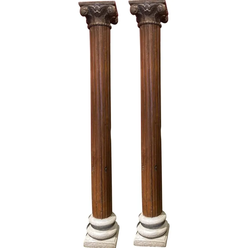Pamono 19th Century Italian Architectural Corinthian Wood Columns on Sandstone Plinths, Set of 2> Pedestals And Columns