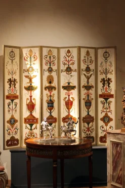 Pamono 19th Century Italian Six-Panel Painted Wood Folding Screen in Gilt Bronze Frame