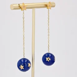 Pamono 20th Century Lapis-Lazuli Ball, Diamond and 18 Karat Yellow Gold Dangle Star Earrings><noscript><img width=