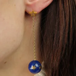 Pamono 20th Century Lapis-Lazuli Ball, Diamond and 18 Karat Yellow Gold Dangle Star Earrings><noscript><img width=
