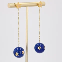 Pamono 20th Century Lapis-Lazuli Ball, Diamond and 18 Karat Yellow Gold Dangle Star Earrings><noscript><img width=