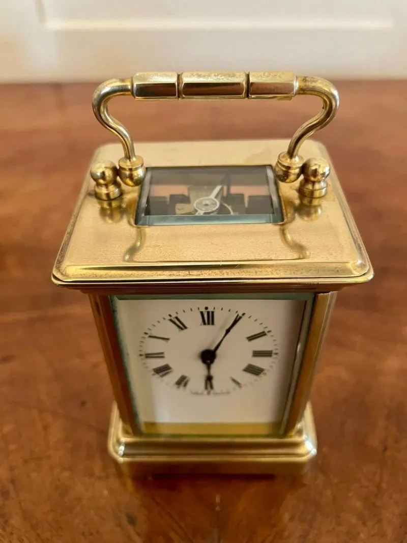 Pamono 19th Century Miniature Brass 8-Day Carriage Clock with Travelling Case, Set of 2> Clocks