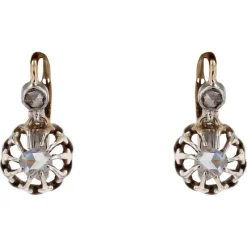 Pamono 20th Century Rose Cut Diamonds 18 Karat Yellow Gold Lever Back Earrings, 1890s, Set of 2