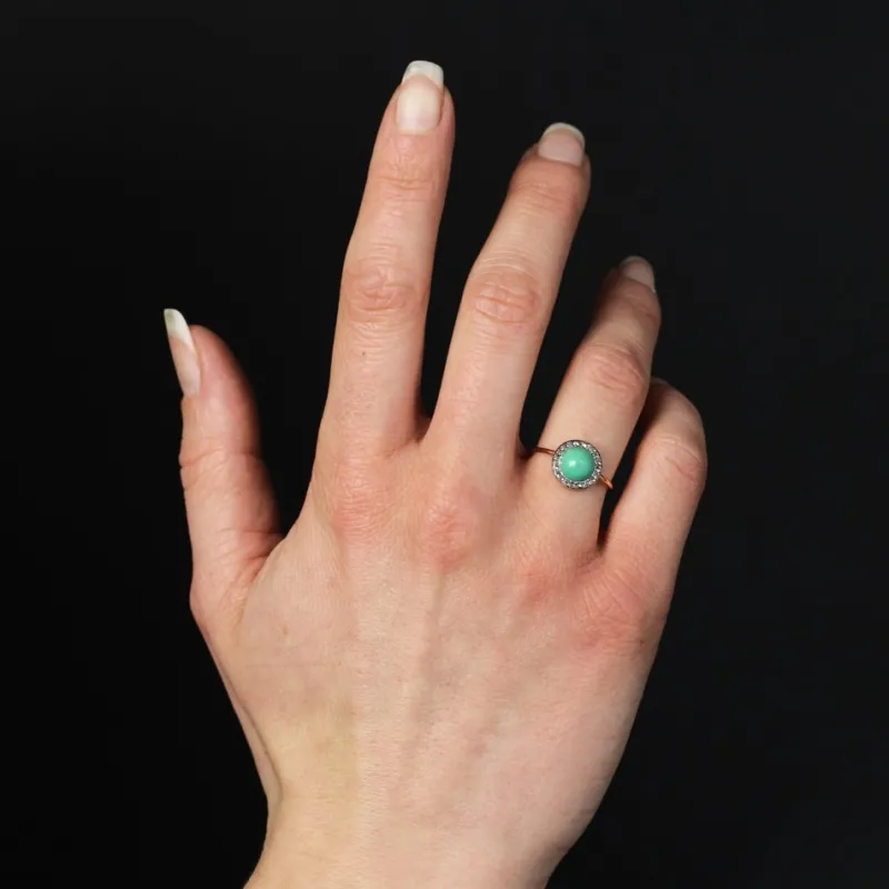 New Pamono 20th Century Round Turquoise, Diamonds and 18 Karat Rose Gold Ring