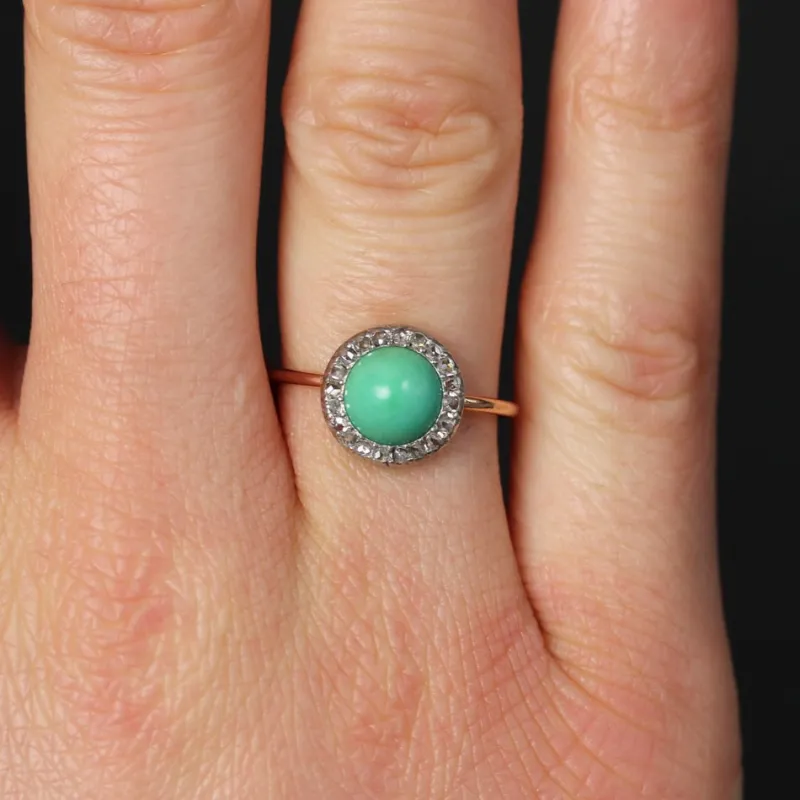 New Pamono 20th Century Round Turquoise, Diamonds and 18 Karat Rose Gold Ring