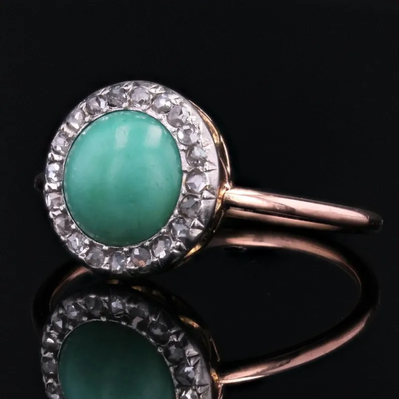 New Pamono 20th Century Round Turquoise, Diamonds and 18 Karat Rose Gold Ring