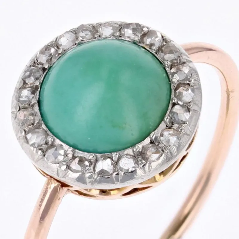 New Pamono 20th Century Round Turquoise, Diamonds and 18 Karat Rose Gold Ring