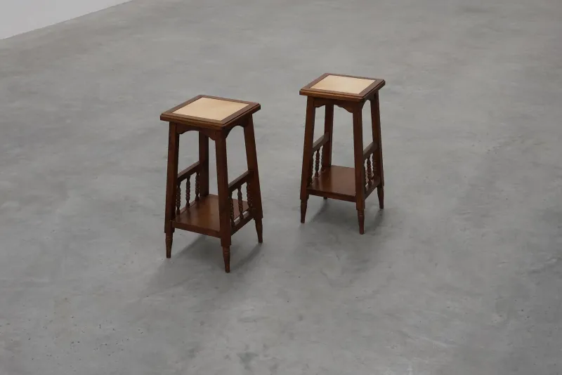 Clearance Pamono 20th Century Rustic Wooden Side Tables with Ceramic Tile Top, France, 1940s, Set of 2