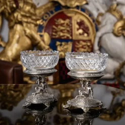 Pamono 19th Century Victorian Silver & Glass Figural Salts from Elkington, 1896, Set of 2> Salt & Pepper Shakers