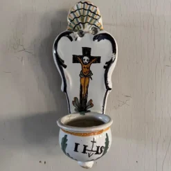 Discount Pamono 18th Century Wall-Mounted Holy Water Font in Polychrome Earthenware by by Mario Bellini from the Nevers Factory, 1970