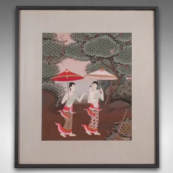 Pamono Thai Artist, Far Eastern Scene, Gouache, 1980s, Framed> Mid-Century