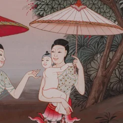 Pamono Thai Artist, Far Eastern Scene, Gouache, 1980s, Framed><noscript><img width=