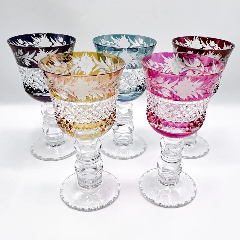 Pamono Thick Stem Cut and Etched Crystal Wine Goblets, Bohemia, 1950s, Set of 5> Glassware