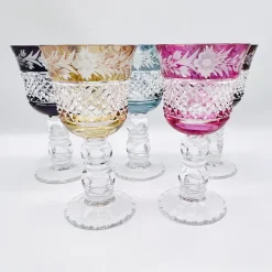 Pamono Thick Stem Cut and Etched Crystal Wine Goblets, Bohemia, 1950s, Set of 5> Glassware