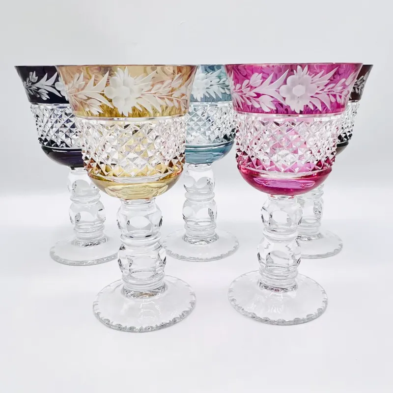 Pamono Thick Stem Cut and Etched Crystal Wine Goblets, Bohemia, 1950s, Set of 5> Glassware