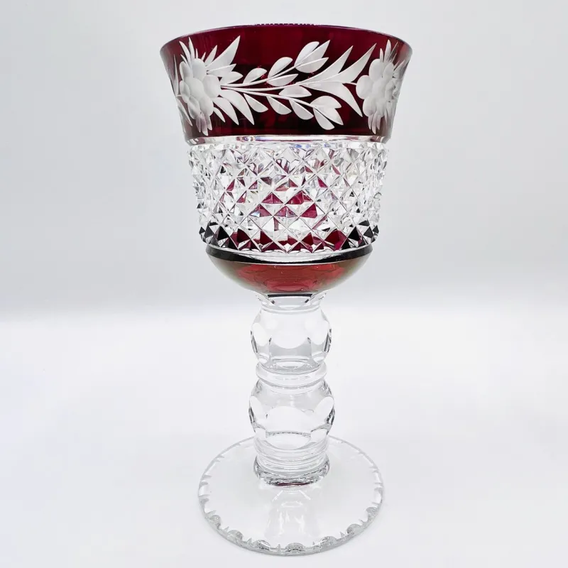 Pamono Thick Stem Cut and Etched Crystal Wine Goblets, Bohemia, 1950s, Set of 5> Glassware