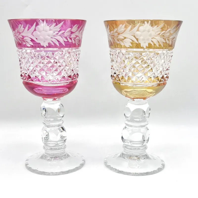 Pamono Thick Stem Cut and Etched Crystal Wine Goblets, Bohemia, 1950s, Set of 5> Glassware