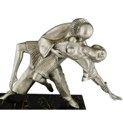 Pamono Thomas Cartier, Art Deco Sculpture of Cubist Dancers Pierrot and Colombine, 1930s, Bronze on Marble Base><noscript><img width=