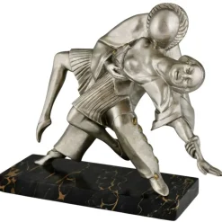 Pamono Thomas Cartier, Art Deco Sculpture of Cubist Dancers Pierrot and Colombine, 1930s, Bronze on Marble Base><noscript><img width=