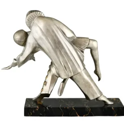 Pamono Thomas Cartier, Art Deco Sculpture of Cubist Dancers Pierrot and Colombine, 1930s, Bronze on Marble Base><noscript><img width=