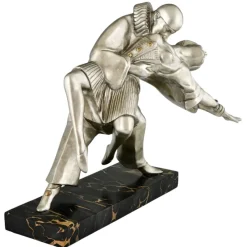 Pamono Thomas Cartier, Art Deco Sculpture of Cubist Dancers Pierrot and Colombine, 1930s, Bronze on Marble Base><noscript><img width=