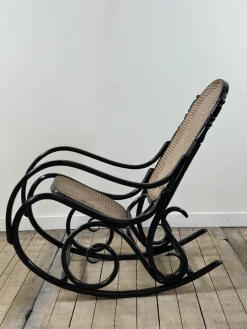 Pamono Thonet Rocking Chair in Blackened Curved Wood and Cane, 1900s by Michael Thonet, 1890s><noscript><img width=