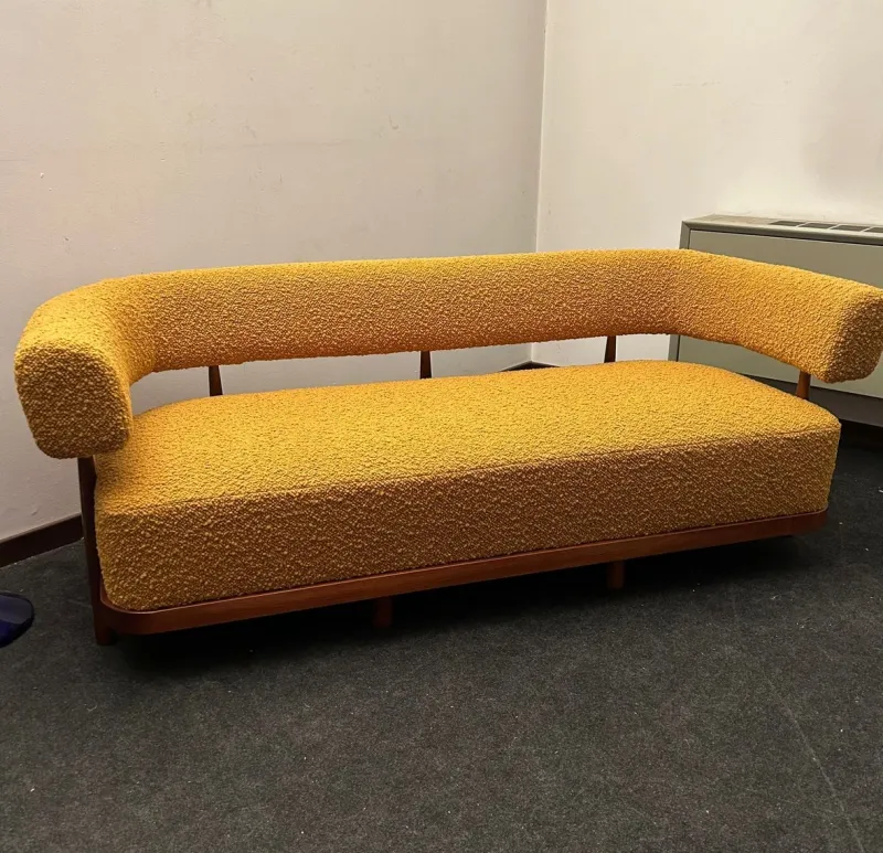 New Pamono Three-Seater Sofa with Tapered Legs in Mustard-Colored Bouclé Wood, 2000s