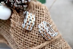 Pamono 2-Tone 18 Karat Gold Earrings with Diamonds and Omega Clasps, Set of 2> Earrings