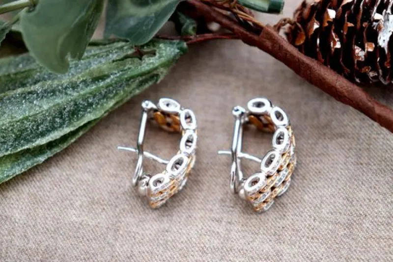 Pamono 2-Tone 18 Karat Gold Earrings with Diamonds and Omega Clasps, Set of 2> Earrings