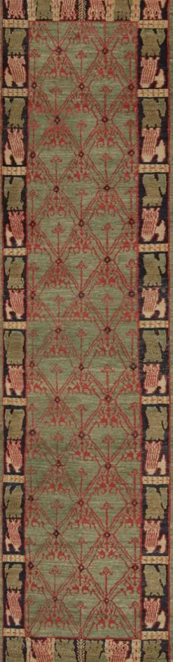 Outlet Pamono Traditional Geometric Green and Red Wool Rug from R&K Principal Jahanshah Nazmiyal