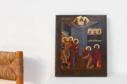 Pamono Traditional Religious Icon with Saint Healing a Sick Person, 1800s, Tempera on Wood> Painting