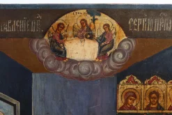 Pamono Traditional Religious Icon with Saint Healing a Sick Person, 1800s, Tempera on Wood><noscript><img width=
