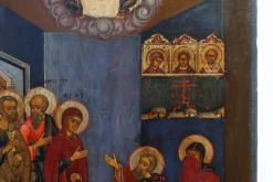 Pamono Traditional Religious Icon with Saint Healing a Sick Person, 1800s, Tempera on Wood><noscript><img width=