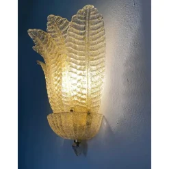 Pamono Transparent and Gold Graniglia Leaf Murano Glass Wall Sconces by Simoeng, Set of 2><noscript><img width=
