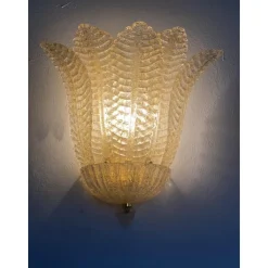 Pamono Transparent and Gold Graniglia Leaf Murano Glass Wall Sconces by Simoeng, Set of 2><noscript><img width=