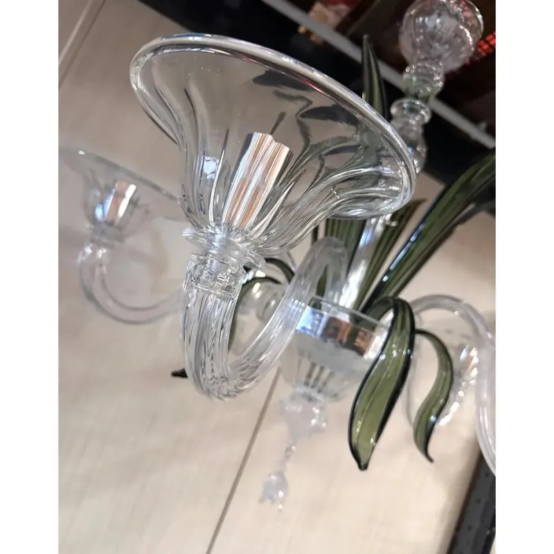 Pamono Transparent and Green Leaves Chandelier in Murano Glass by Simoeng> Ceiling Lights