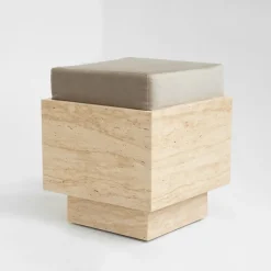 Best Pamono Travertine Cube Stool with Velvet Cushion from Kiwano Concept