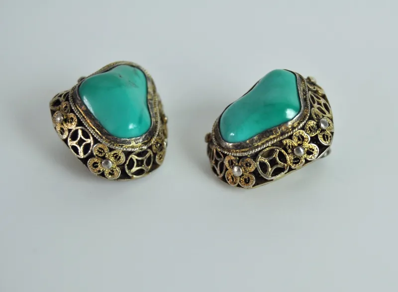Online Pamono Turquoise and Sterling Silver Ear Clips by Erik Poul Fenster, Denmark, 1960s, Set of 2