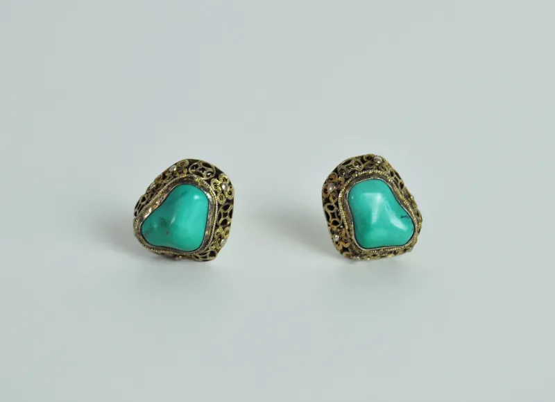 Online Pamono Turquoise and Sterling Silver Ear Clips by Erik Poul Fenster, Denmark, 1960s, Set of 2